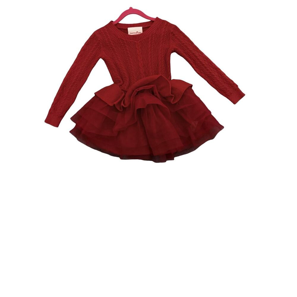 Girls Sweater Dress Size 5 American Girl Red Dress Tulle Ruffle Skirt Long Sleev